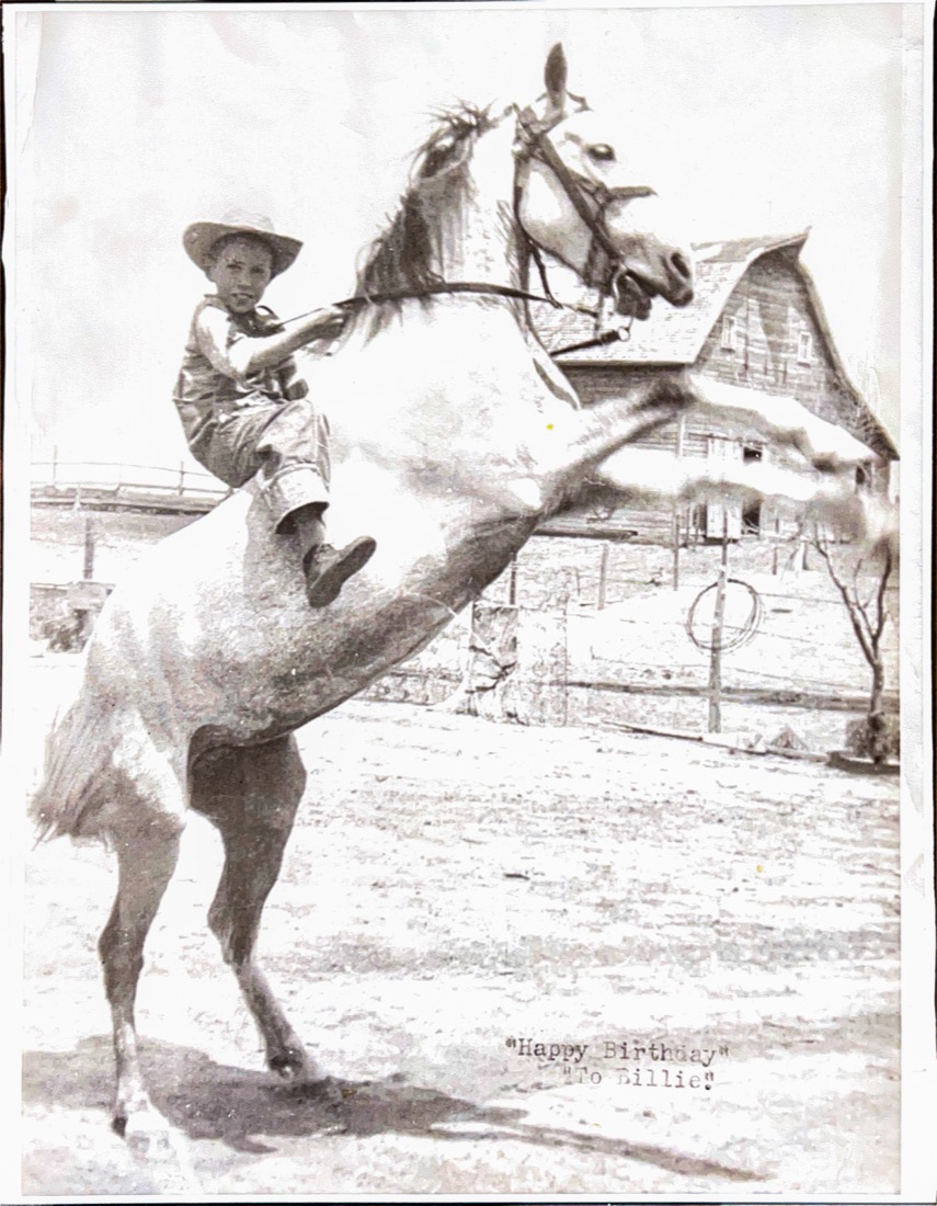 Grandpa Billie as a boy on his horse Floss, rearing, Pawnee Township, Smith County, Kansas, circa 1944